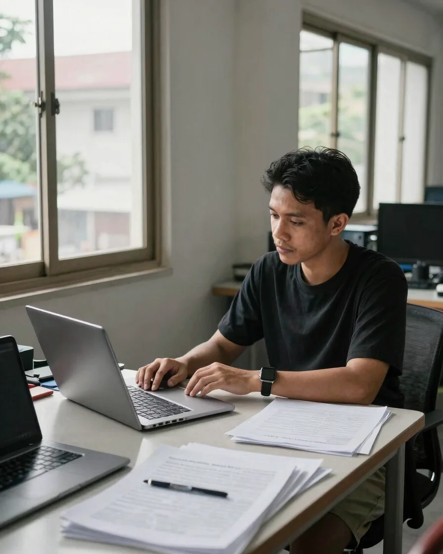 Ruang kerja redaksi berita di sebuah kantor sederhana di Indonesia, meja kerja dengan dokumen dan laptop, cahaya siang t